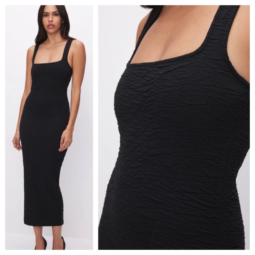 Good American Black Texture Scrunchie Midi Dress Size 3 Large Square Neck